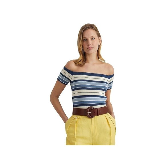 Lauren Ralph Lauren Womens Striped Off-The-Should Blue Size XL MSRP $125